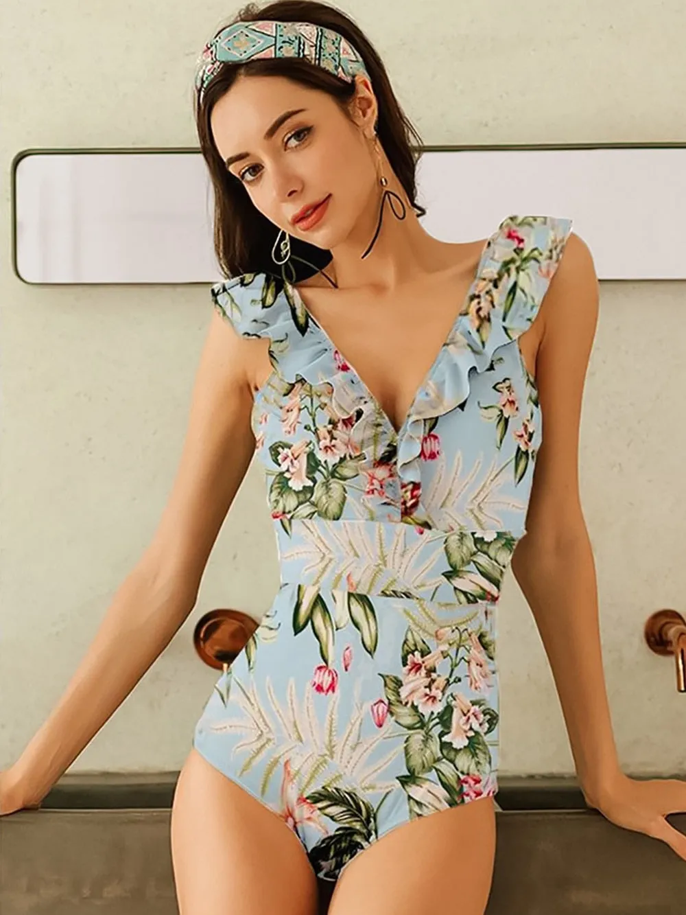 PLAVKY 2022 Sexy Female Retro V Neck Blue Striped Swimsuit One Piece Ruffled Push Up Padded High Waist Swimwear Women Monokini