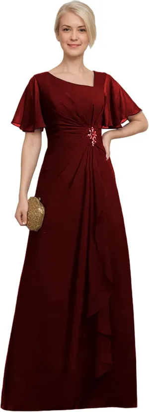 Plus Size Chiffon Mother of The Bride Dress Ruffles Beaded Short Sleeves Formal Evening Dresses for Wedding ZX90