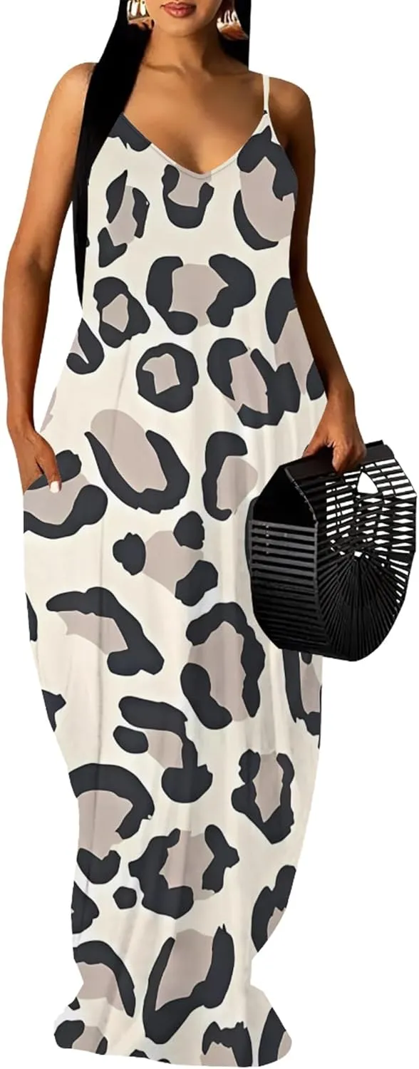 Plus Size Dress for Women 2024 Casual Sleeveless Sundress Loose Spaghetti Strap Long Summer Beach Maxi Dress with Pockets