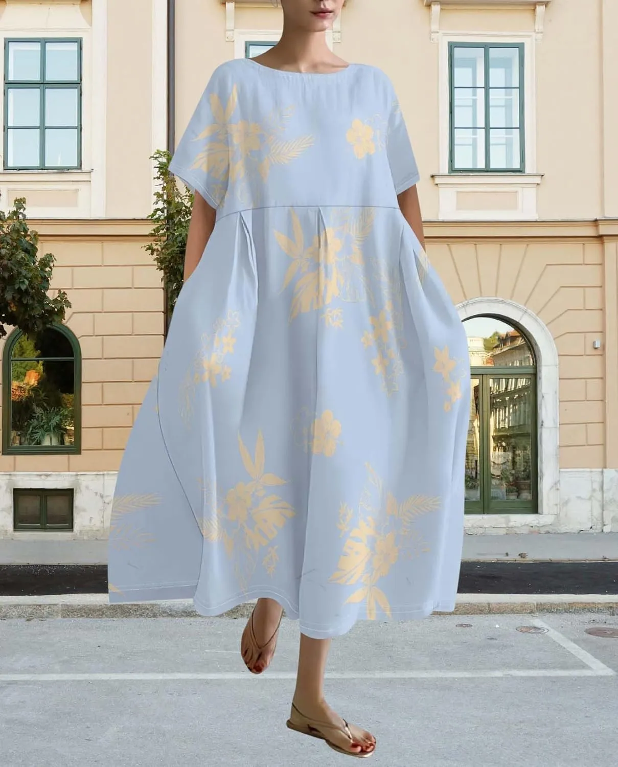 Plus Size Dress for Women Flowy Midi Dress Boho Floral Linen Short Sleeve T Shirt Dresses with Pockets Trendy Summer