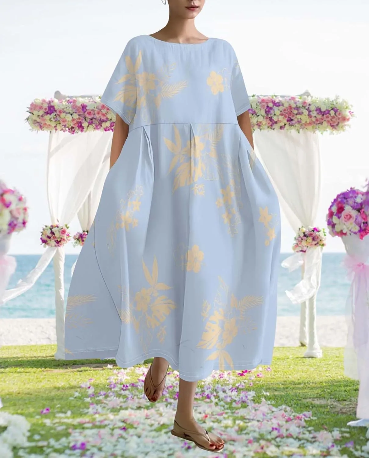 Plus Size Dress for Women Flowy Midi Dress Boho Floral Linen Short Sleeve T Shirt Dresses with Pockets Trendy Summer