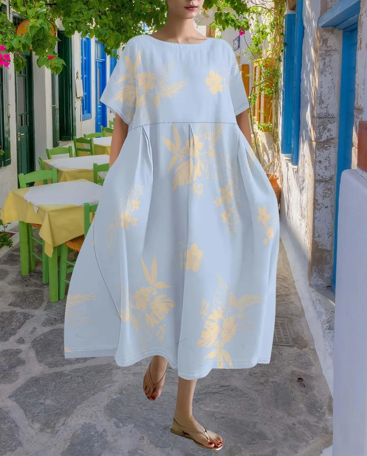 Plus Size Dress for Women Flowy Midi Dress Boho Floral Linen Short Sleeve T Shirt Dresses with Pockets Trendy Summer