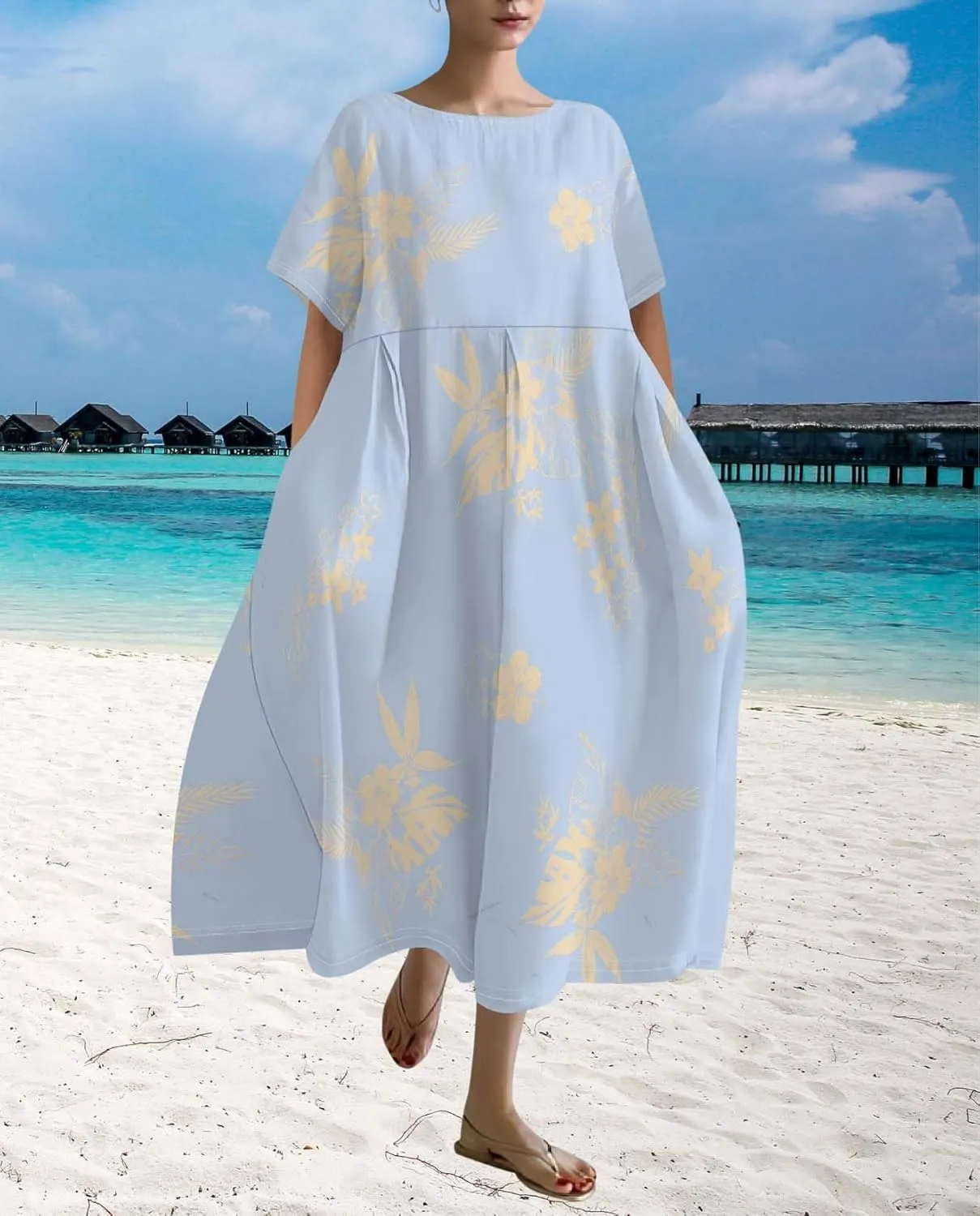 Plus Size Dress for Women Flowy Midi Dress Boho Floral Linen Short Sleeve T Shirt Dresses with Pockets Trendy Summer