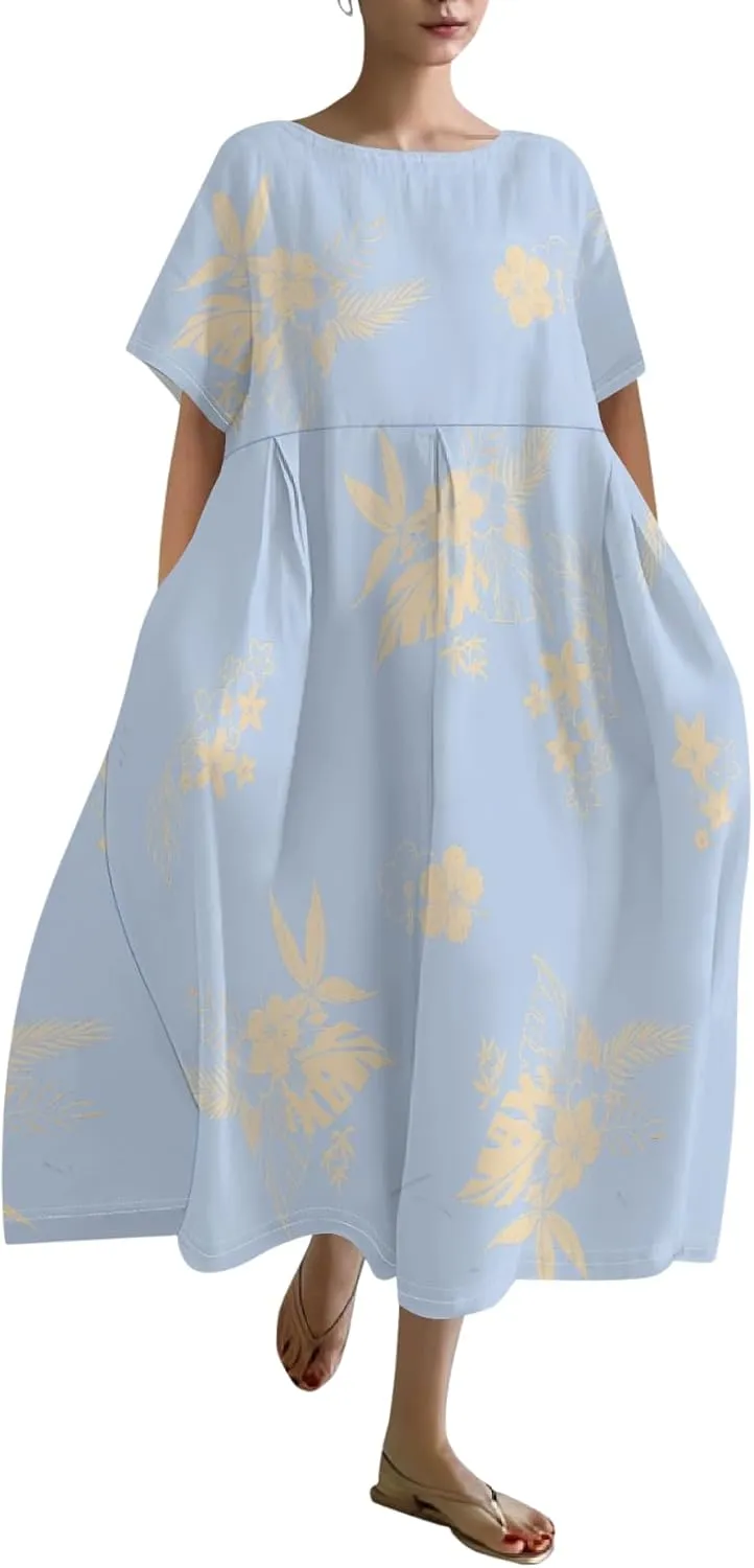 Plus Size Dress for Women Flowy Midi Dress Boho Floral Linen Short Sleeve T Shirt Dresses with Pockets Trendy Summer