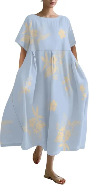 Plus Size Dress for Women Flowy Midi Dress Boho Floral Linen Short Sleeve T Shirt Dresses with Pockets Trendy Summer