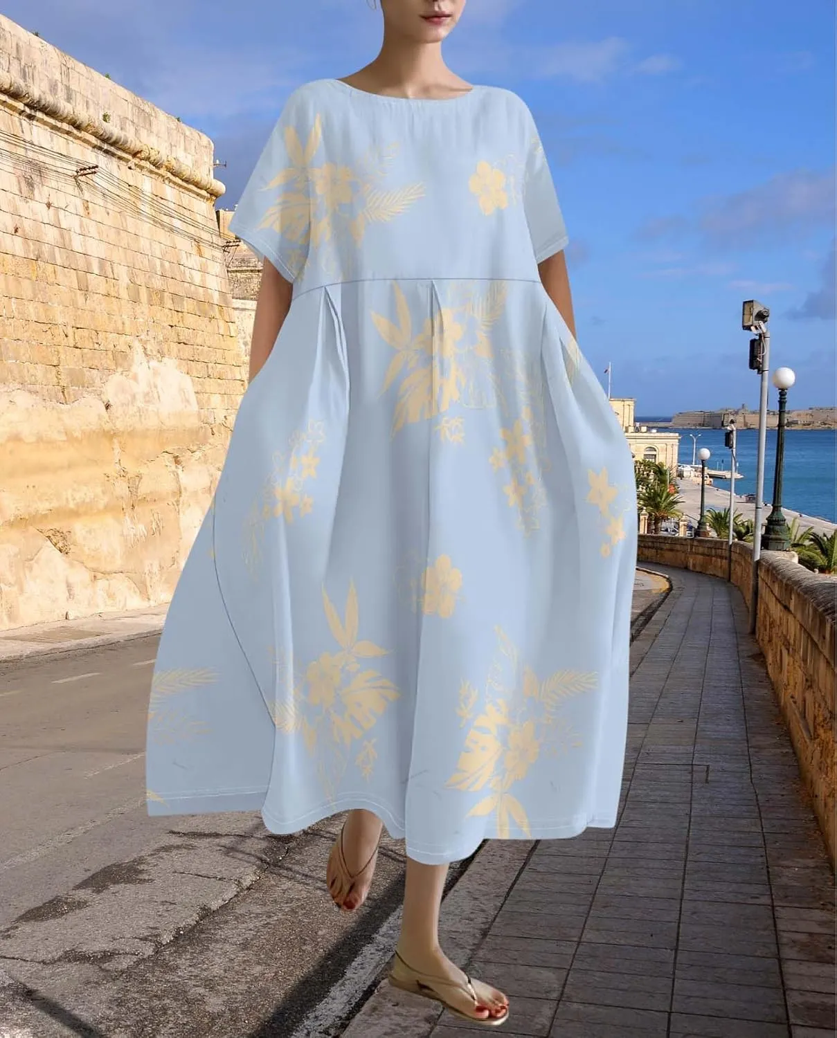 Plus Size Dress for Women Flowy Midi Dress Boho Floral Linen Short Sleeve T Shirt Dresses with Pockets Trendy Summer