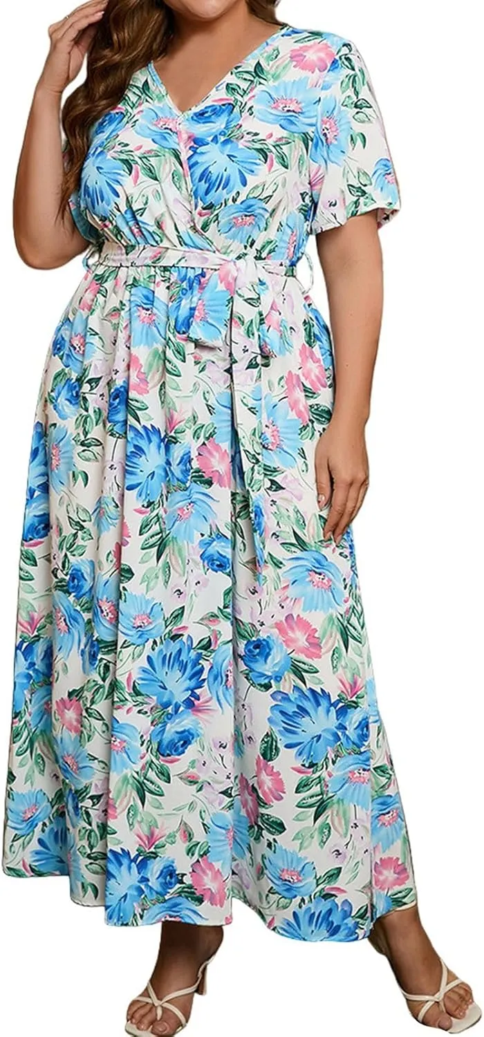 Plus Size Dress for Women High Waist V Neck Short Sleeve Midi Beach Sundress Floral Print Cocktail Party Dresses