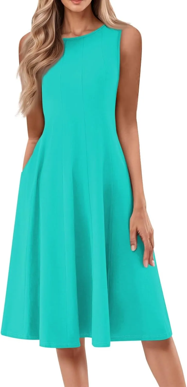 Plus Size Dresses for Curvy Women Summer Midi Sleeveless Pleated Dresses Crew Neck Club A Line Dress with Pocket