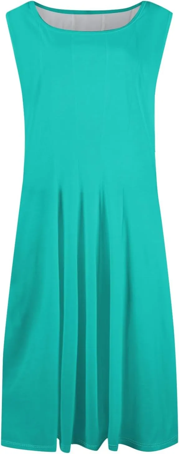 Plus Size Dresses for Curvy Women Summer Midi Sleeveless Pleated Dresses Crew Neck Club A Line Dress with Pocket