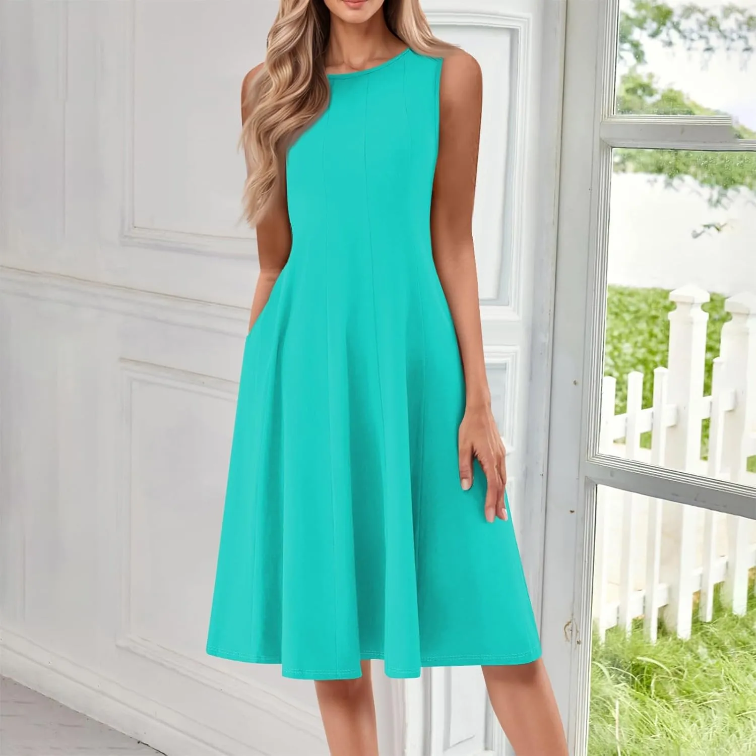 Plus Size Dresses for Curvy Women Summer Midi Sleeveless Pleated Dresses Crew Neck Club A Line Dress with Pocket