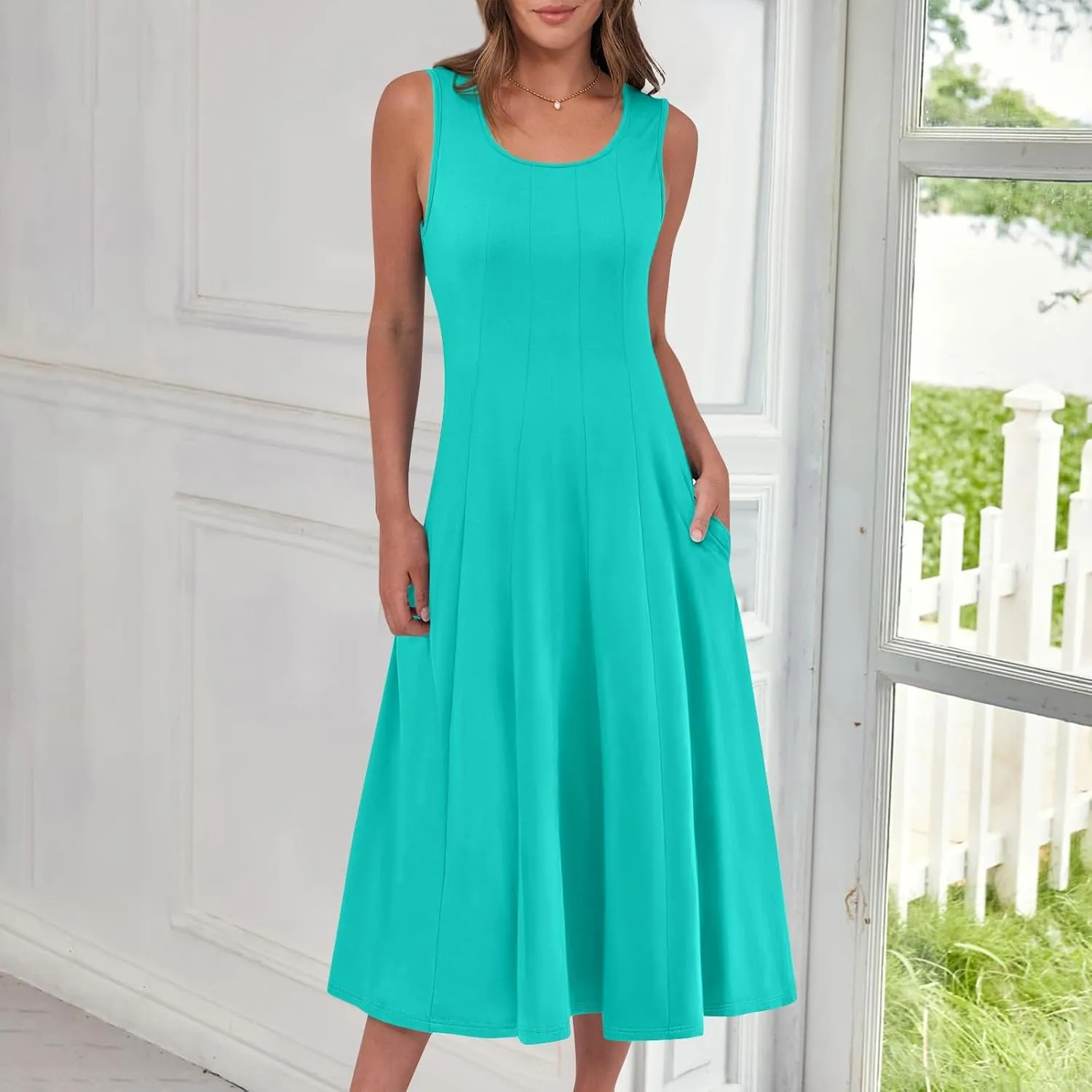 Plus Size Dresses for Curvy Women Summer Midi Sleeveless Pleated Dresses Crew Neck Club A Line Dress with Pocket