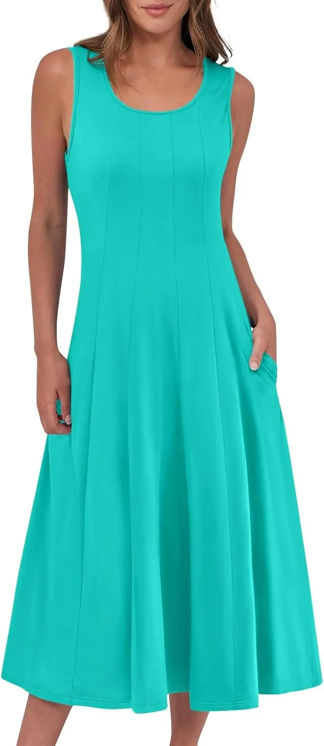 Plus Size Dresses for Curvy Women Summer Midi Sleeveless Pleated Dresses Crew Neck Club A Line Dress with Pocket