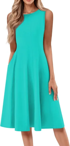 Plus Size Dresses for Curvy Women Summer Midi Sleeveless Pleated Dresses Crew Neck Club A Line Dress with Pocket
