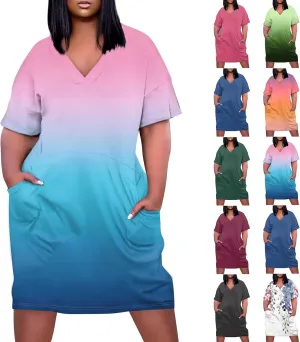 Plus Size Dresses for Curvy Women Summer Oversized Cotton Short Sleeve Modest Color Block Midi Dress with Pockets
