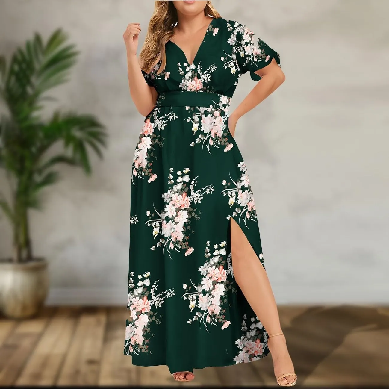 Plus Size Dresses for Women Casual Floral Maxi V Neck Flowy Long Dress Loose Comfy Summer Beach Vacation Sundress