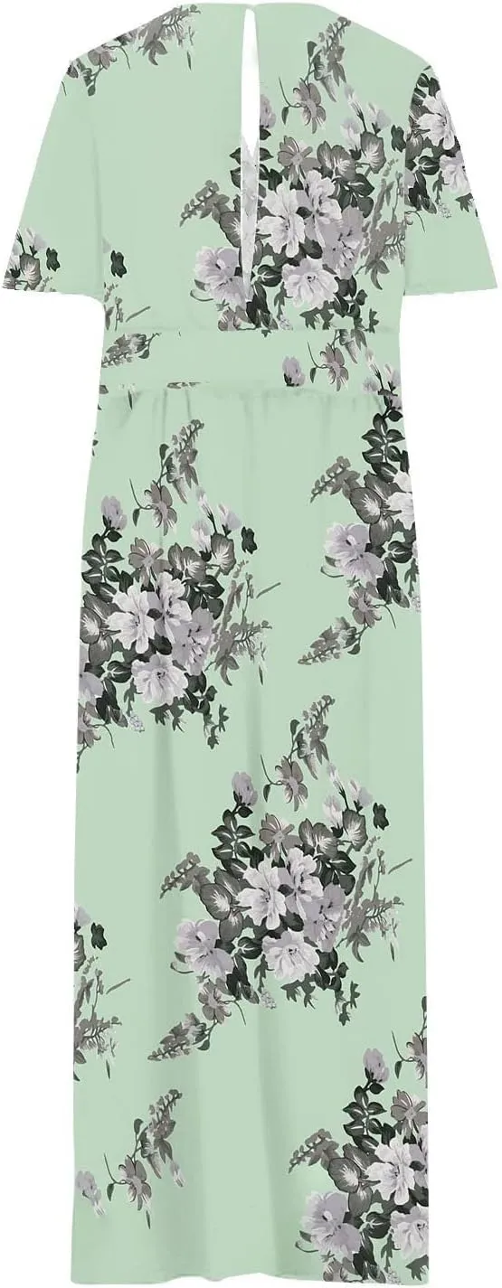 Plus Size Dresses for Women Casual Floral Maxi V Neck Flowy Long Dress Loose Comfy Summer Beach Vacation Sundress