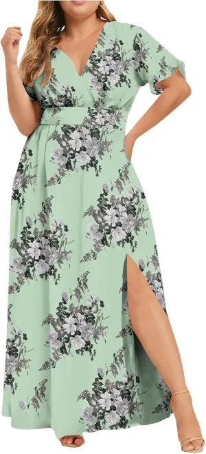 Plus Size Dresses for Women Casual Floral Maxi V Neck Flowy Long Dress Loose Comfy Summer Beach Vacation Sundress