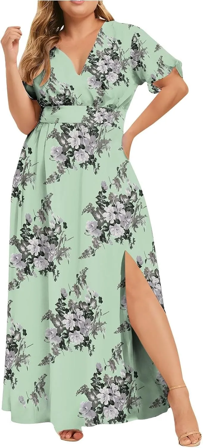 Plus Size Dresses for Women Casual Floral Maxi V Neck Flowy Long Dress Loose Comfy Summer Beach Vacation Sundress