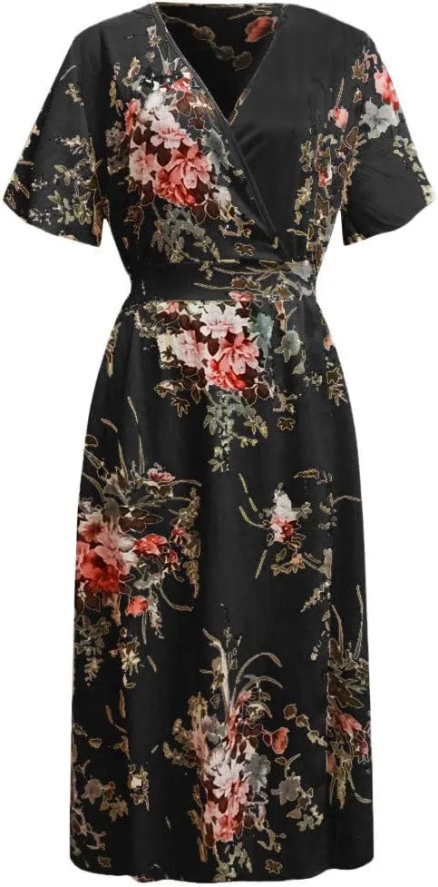 Plus Size Dresses for Women Casual Floral Maxi V Neck Flowy Long Dress Loose Comfy Summer Beach Vacation Sundress