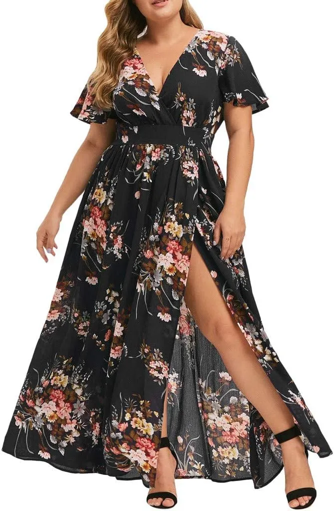 Plus Size Dresses for Women Casual Floral Maxi V Neck Flowy Long Dress Loose Comfy Summer Beach Vacation Sundress