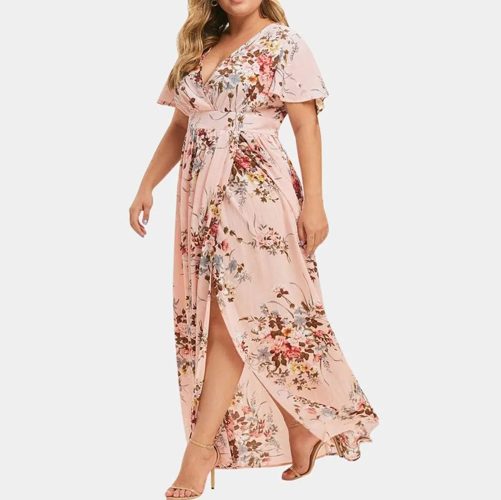 Plus Size Dresses for Women Casual Floral Maxi V Neck Flowy Long Dress Loose Comfy Summer Beach Vacation Sundress