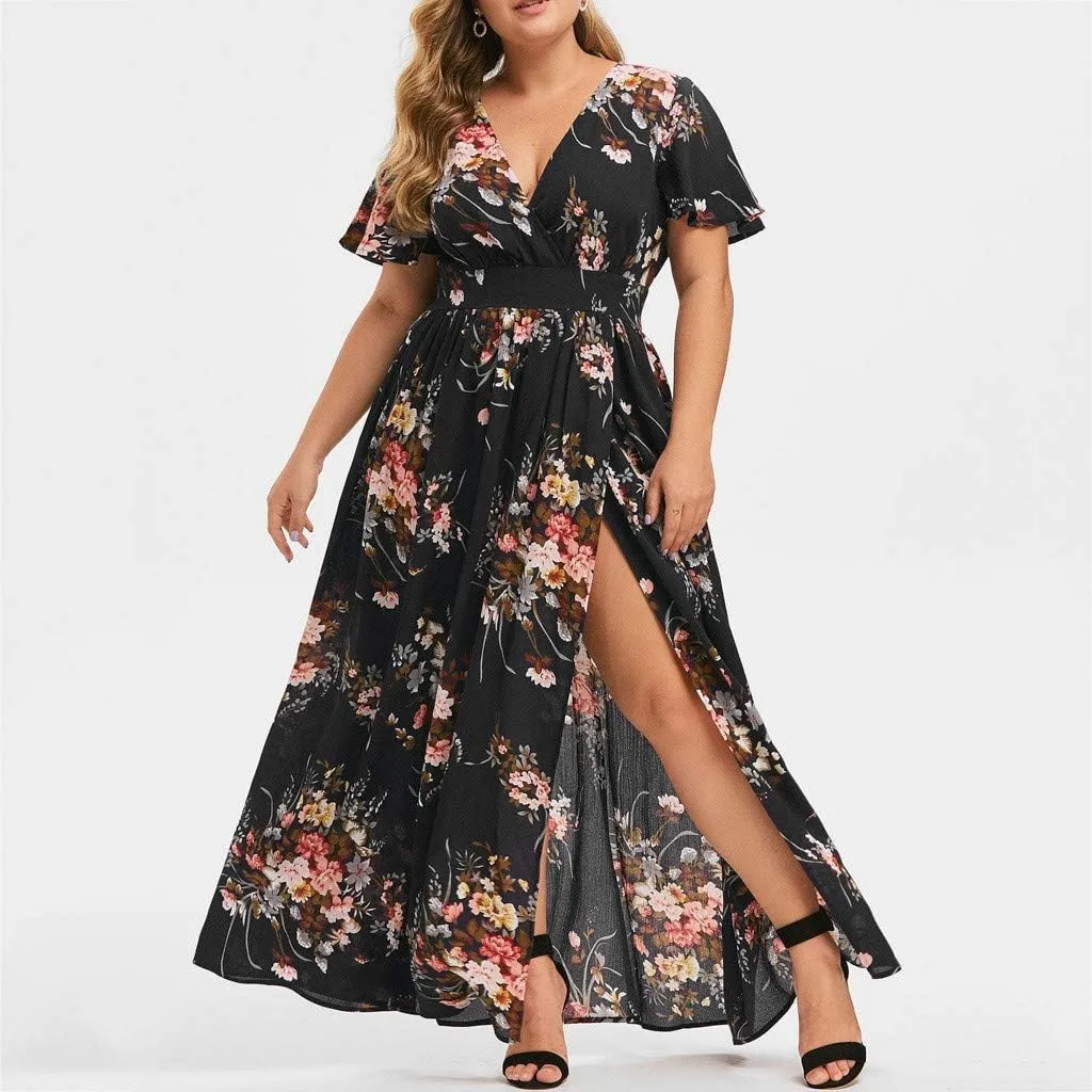 Plus Size Dresses for Women Casual Floral Maxi V Neck Flowy Long Dress Loose Comfy Summer Beach Vacation Sundress