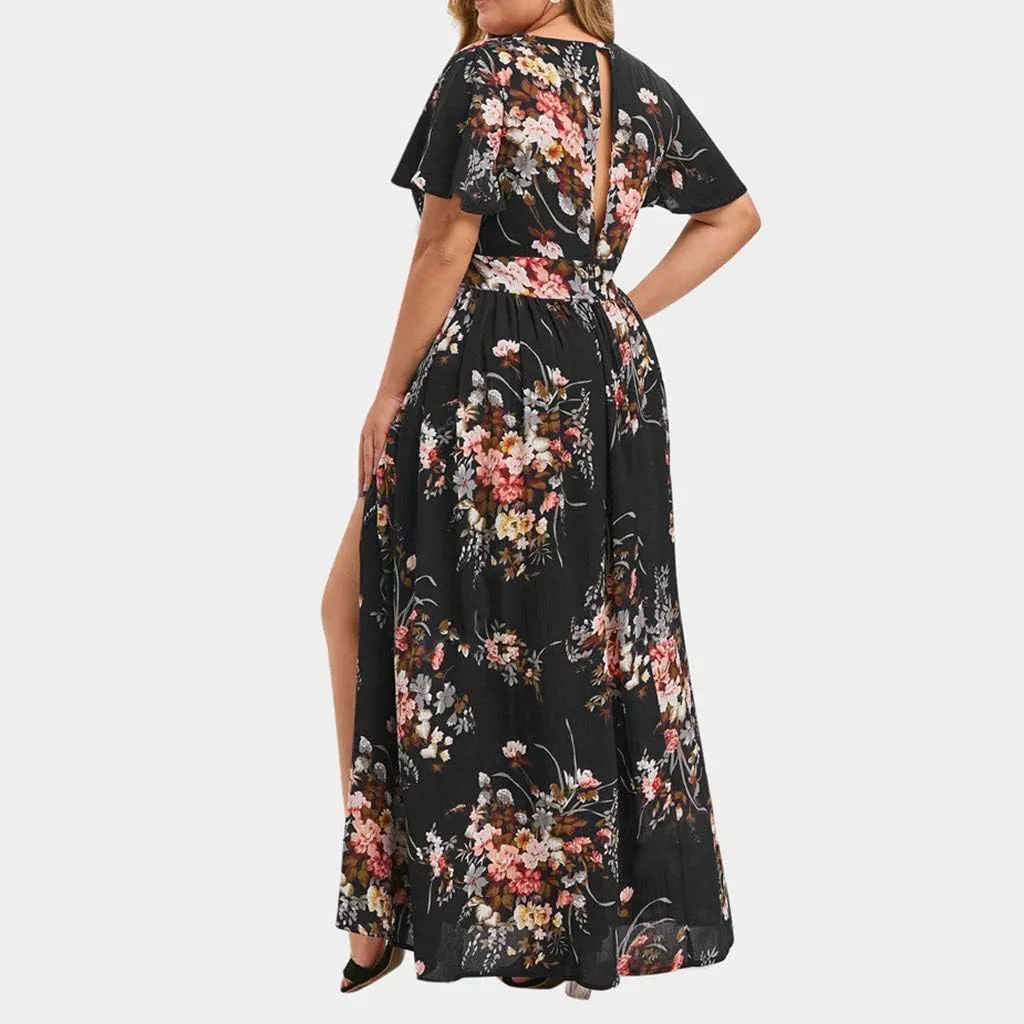 Plus Size Dresses for Women Casual Floral Maxi V Neck Flowy Long Dress Loose Comfy Summer Beach Vacation Sundress