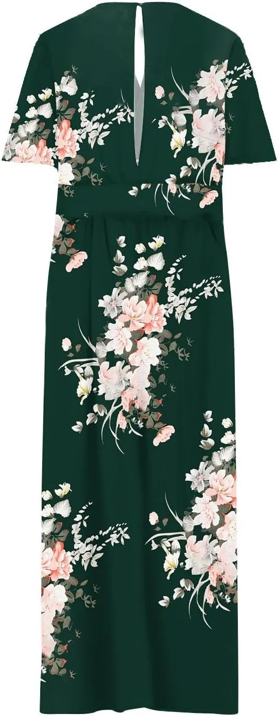 Plus Size Dresses for Women Casual Floral Maxi V Neck Flowy Long Dress Loose Comfy Summer Beach Vacation Sundress