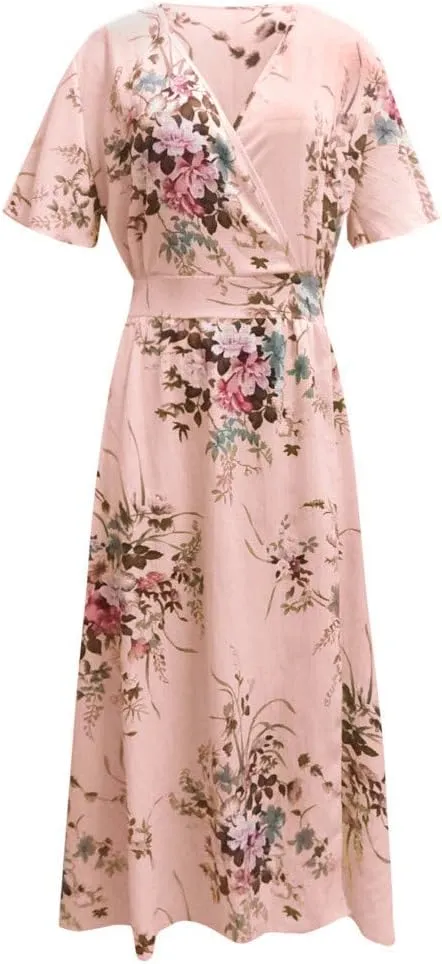 Plus Size Dresses for Women Casual Floral Maxi V Neck Flowy Long Dress Loose Comfy Summer Beach Vacation Sundress