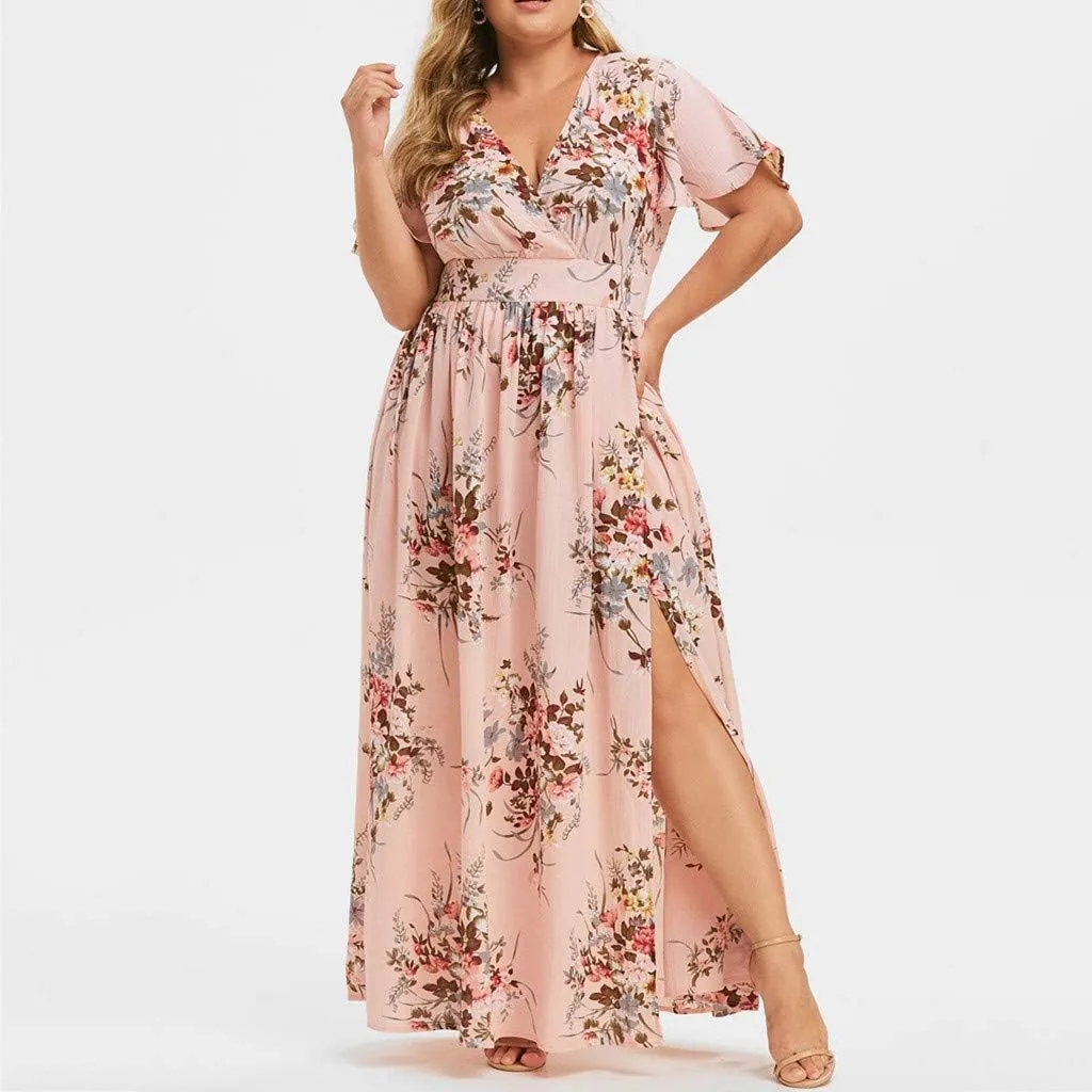 Plus Size Dresses for Women Casual Floral Maxi V Neck Flowy Long Dress Loose Comfy Summer Beach Vacation Sundress