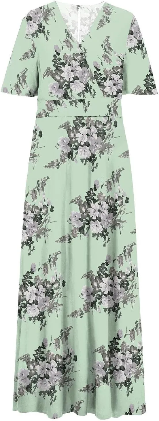 Plus Size Dresses for Women Casual Floral Maxi V Neck Flowy Long Dress Loose Comfy Summer Beach Vacation Sundress