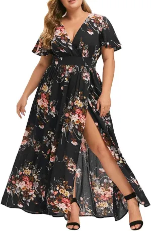 Plus Size Dresses for Women Casual Floral Maxi V Neck Flowy Long Dress Loose Comfy Summer Beach Vacation Sundress