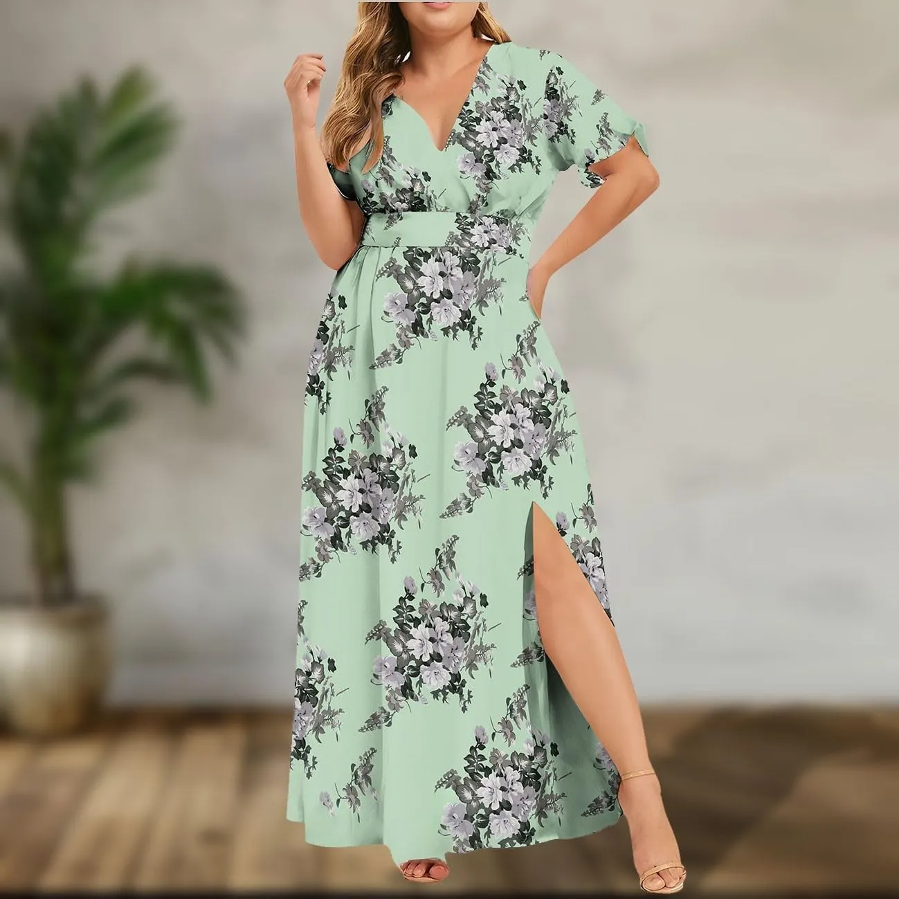 Plus Size Dresses for Women Casual Floral Maxi V Neck Flowy Long Dress Loose Comfy Summer Beach Vacation Sundress