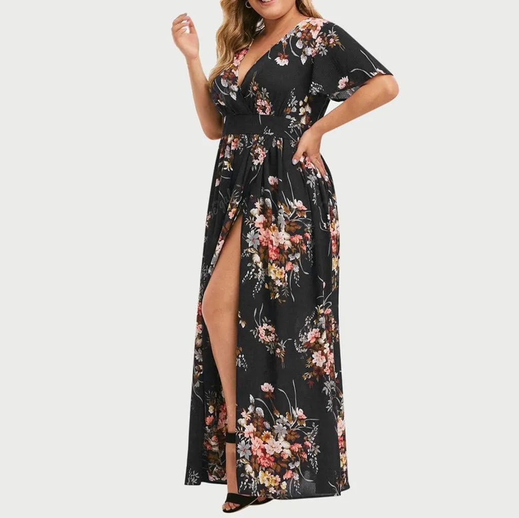 Plus Size Dresses for Women Casual Floral Maxi V Neck Flowy Long Dress Loose Comfy Summer Beach Vacation Sundress
