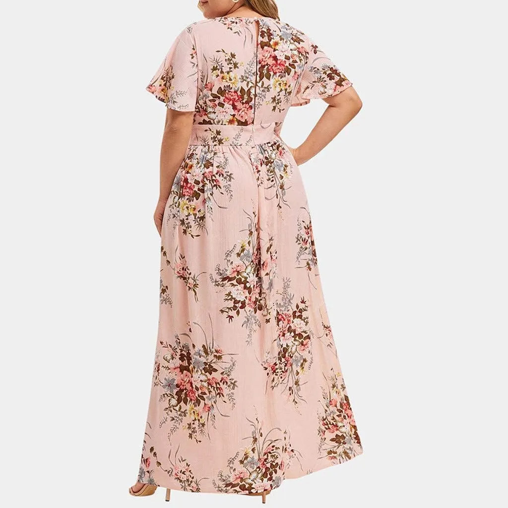 Plus Size Dresses for Women Casual Floral Maxi V Neck Flowy Long Dress Loose Comfy Summer Beach Vacation Sundress
