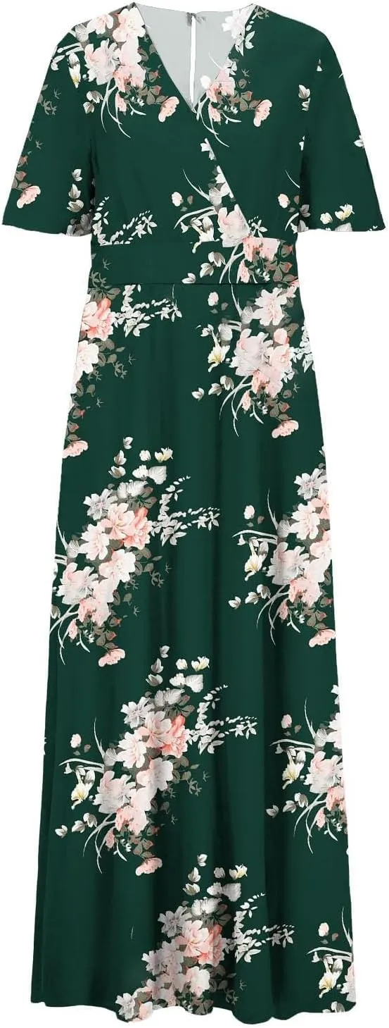 Plus Size Dresses for Women Casual Floral Maxi V Neck Flowy Long Dress Loose Comfy Summer Beach Vacation Sundress