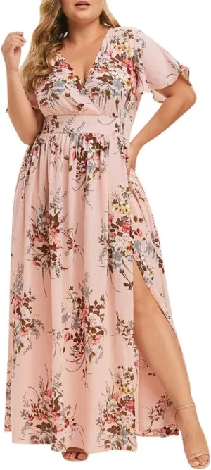 Plus Size Dresses for Women Casual Floral Maxi V Neck Flowy Long Dress Loose Comfy Summer Beach Vacation Sundress