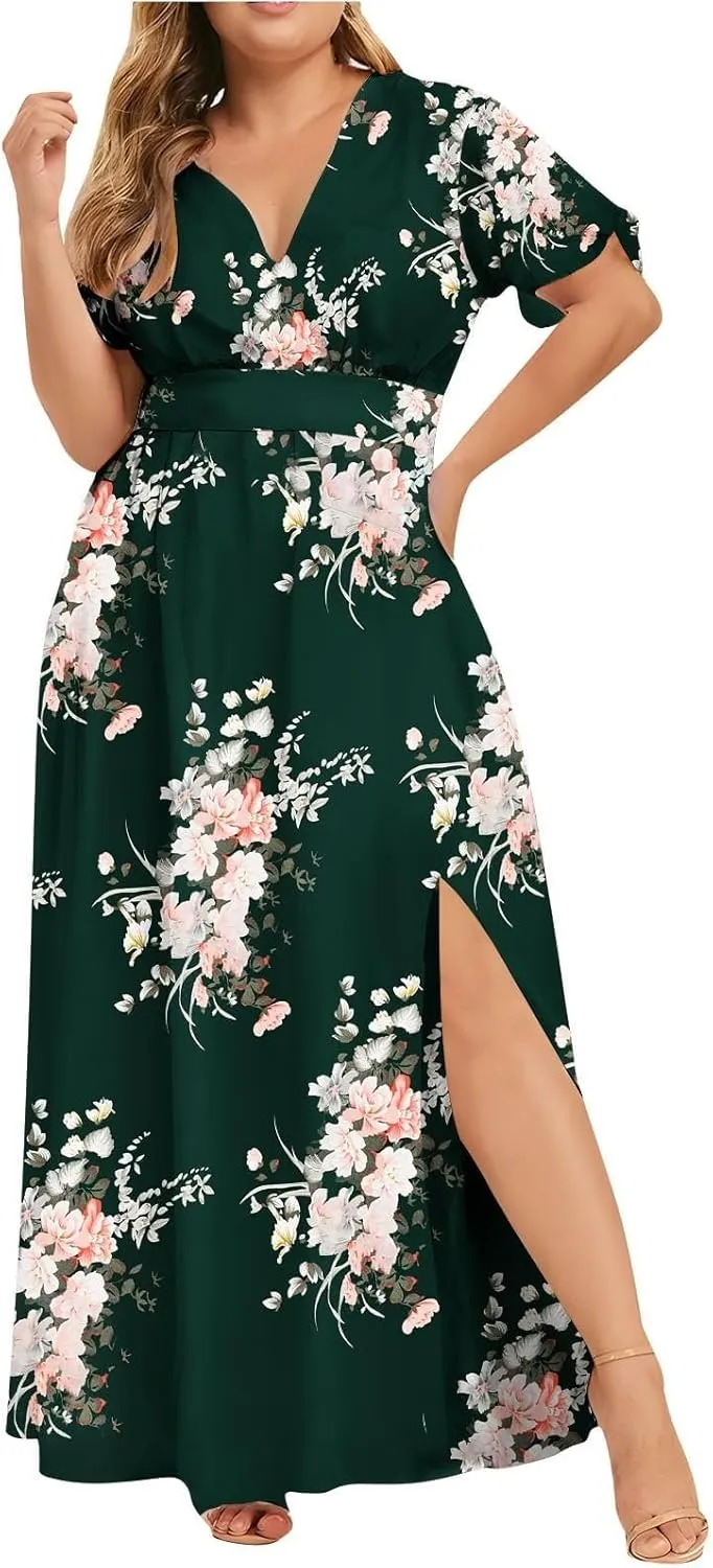 Plus Size Dresses for Women Casual Floral Maxi V Neck Flowy Long Dress Loose Comfy Summer Beach Vacation Sundress
