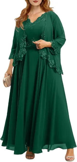 Plus Size Mother of The Bride Dresses for Wedding 2 Pieces Chiffon Ruffled Formal Dress with Jacket YB40