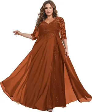 Plus Size Mother of The Bride Dresses for Wedding Sequin Lace V-Neck Chiffon Long Formal Evening Gowns