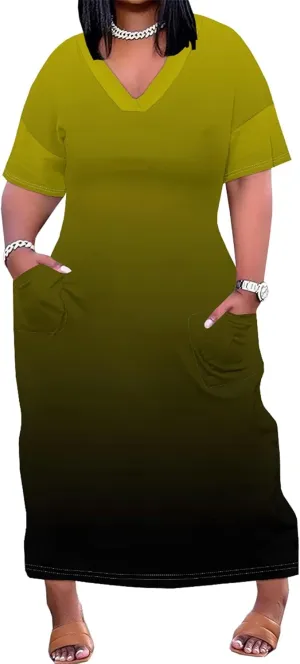 Plus Size Summer Casual Loose Dresses for Women Beach Swing Sundress Short Sleeve Tshirt Long Maxi Dress with Pockets