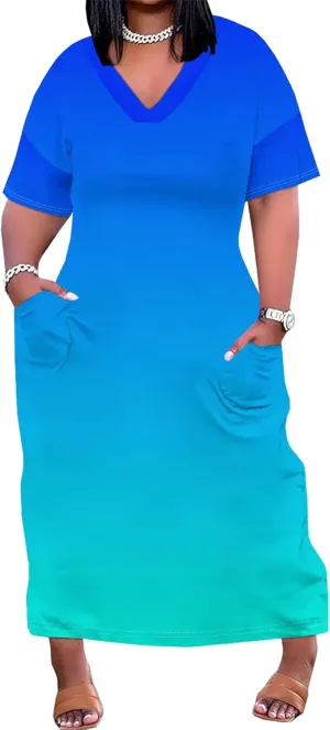 Plus Size Summer Casual Loose Dresses for Women Beach Swing Sundress Short Sleeve Tshirt Long Maxi Dress with Pockets
