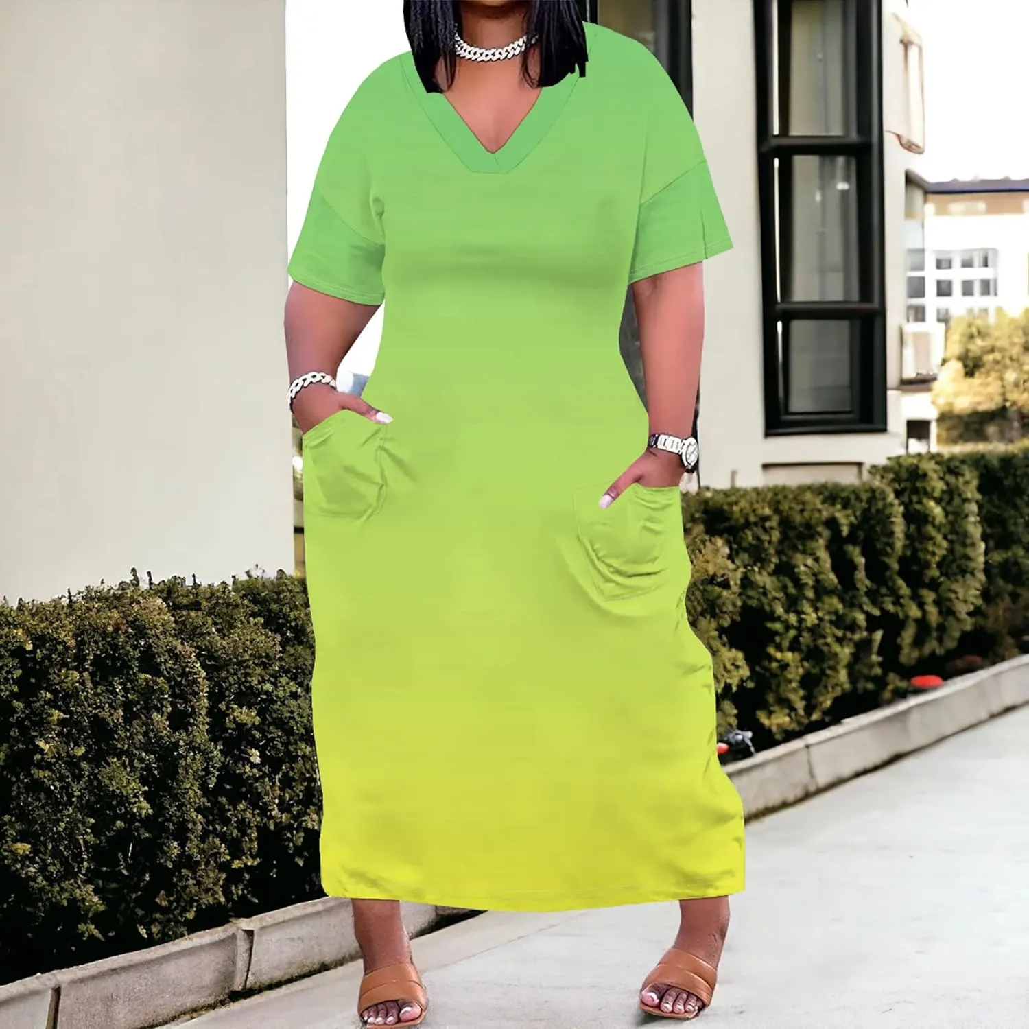 Plus Size Summer Casual Loose Dresses for Women Beach Swing Sundress Short Sleeve Tshirt Long Maxi Dress with Pockets