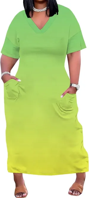 Plus Size Summer Casual Loose Dresses for Women Beach Swing Sundress Short Sleeve Tshirt Long Maxi Dress with Pockets