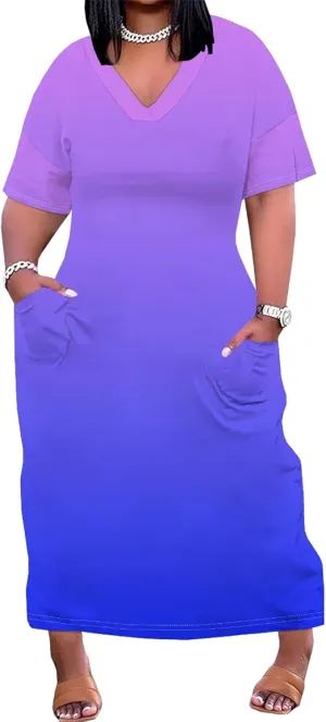 Plus Size Summer Casual Loose Dresses for Women Beach Swing Sundress Short Sleeve Tshirt Long Maxi Dress with Pockets