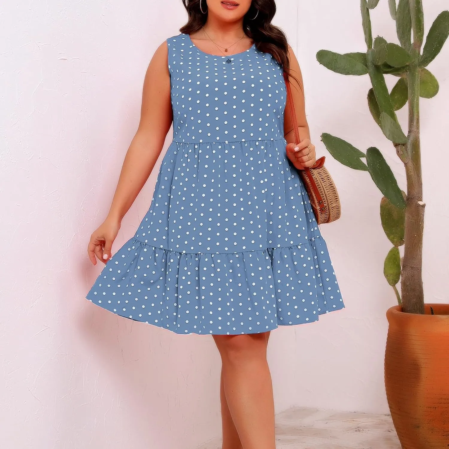 Plus Size Summer Dresses Beach Crew Neck Sleeveless Polka Dot Tank Dresses for Women Loose Length Knee Sundress