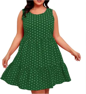 Plus Size Summer Dresses Beach Crew Neck Sleeveless Polka Dot Tank Dresses for Women Loose Length Knee Sundress