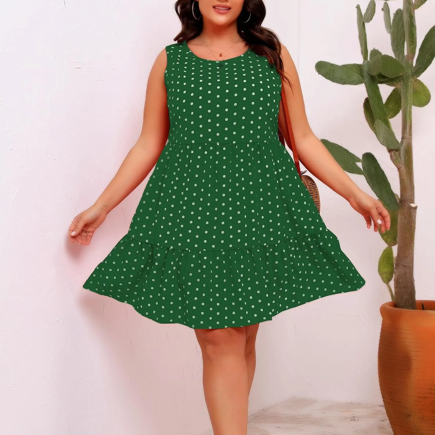 Plus Size Summer Dresses Beach Crew Neck Sleeveless Polka Dot Tank Dresses for Women Loose Length Knee Sundress