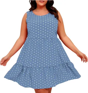 Plus Size Summer Dresses Beach Crew Neck Sleeveless Polka Dot Tank Dresses for Women Loose Length Knee Sundress