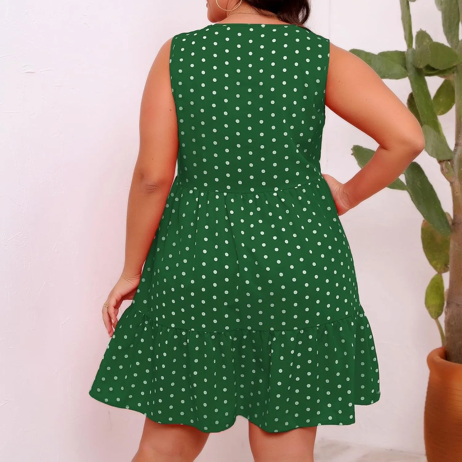 Plus Size Summer Dresses Beach Crew Neck Sleeveless Polka Dot Tank Dresses for Women Loose Length Knee Sundress